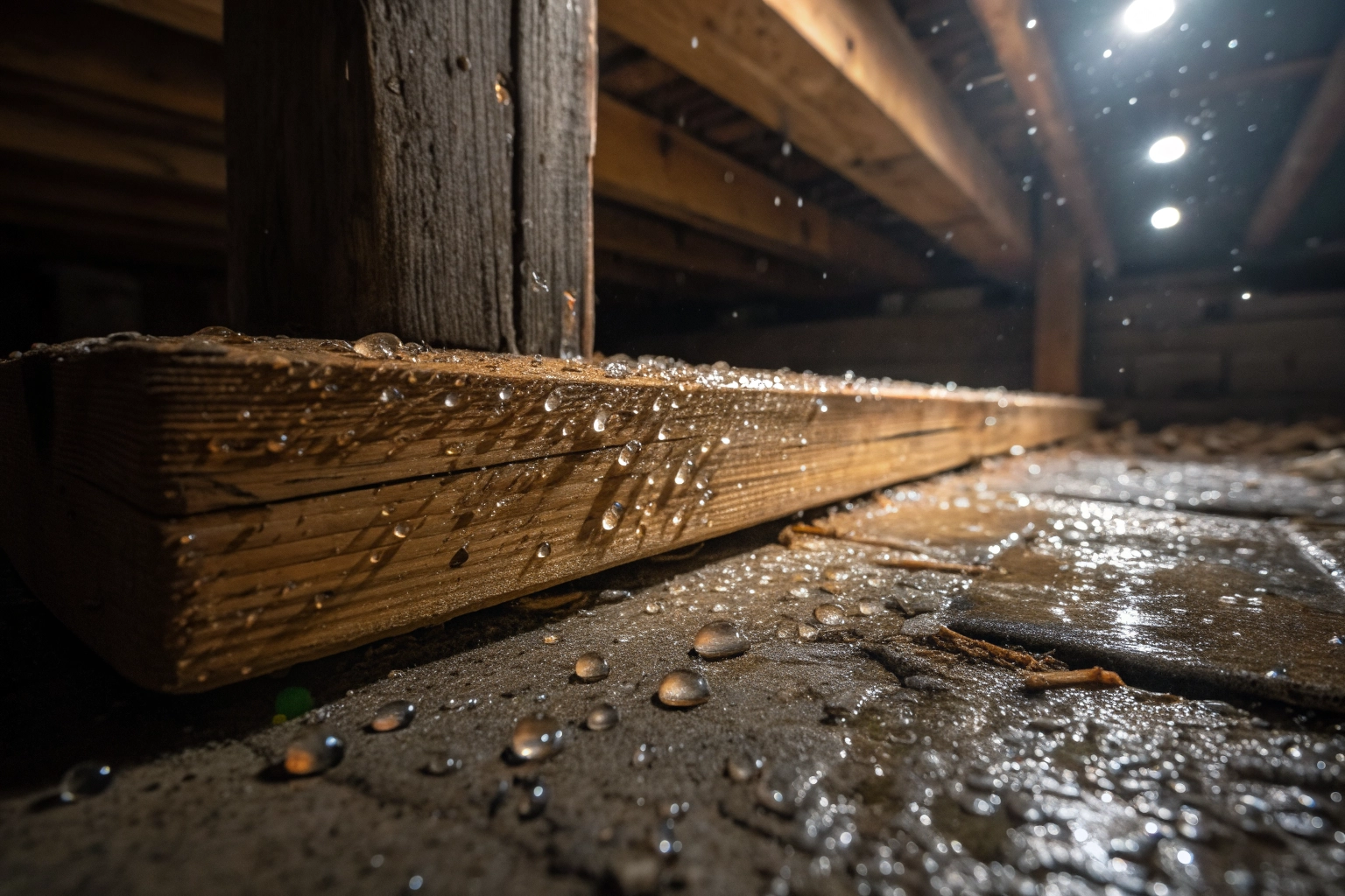 Damp, moisture-damaged wood in a crawlspace attracting termites