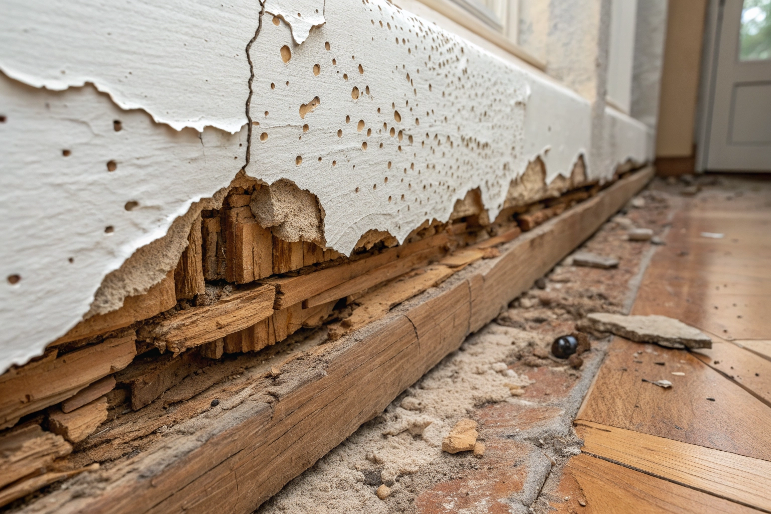 Bubbling paint on a wall revealing severe termite wood damage underneath